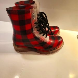 Red & Black Plaid Rubber Boots